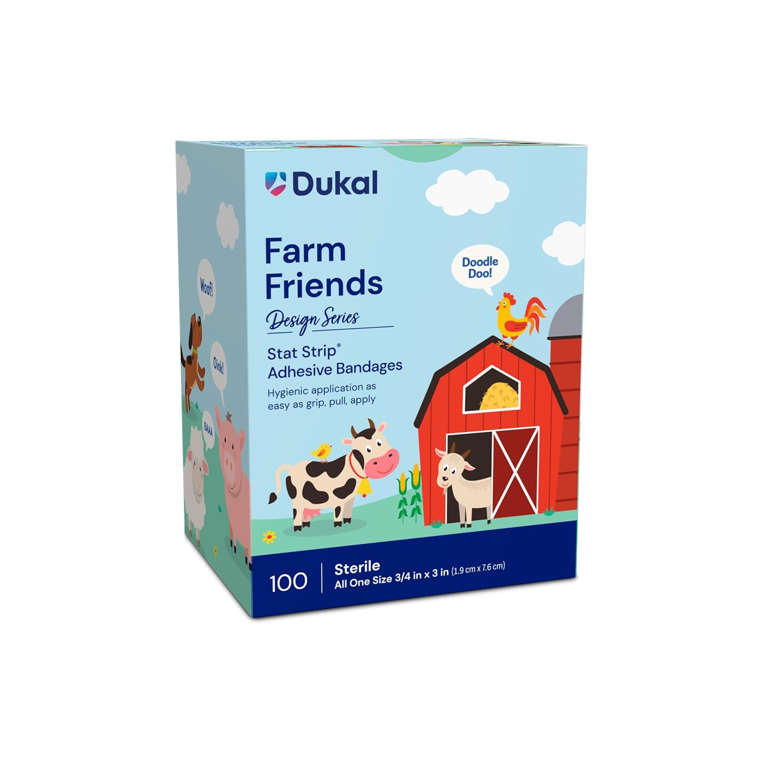 Dukal Design Series Farm Friends Adhesive Bandages with Stat Strip® Technology, 3/4” x 3” (Box of 100)