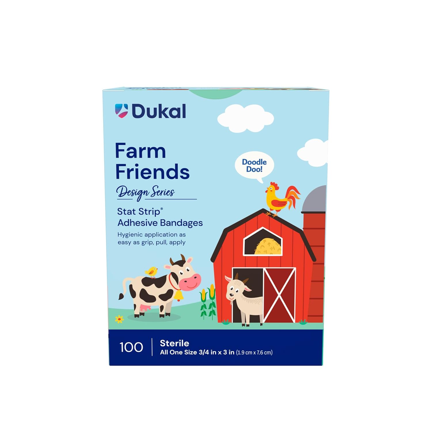 Dukal Design Series Farm Friends Adhesive Bandages with Stat Strip® Technology, 3/4” x 3” (Box of 100)