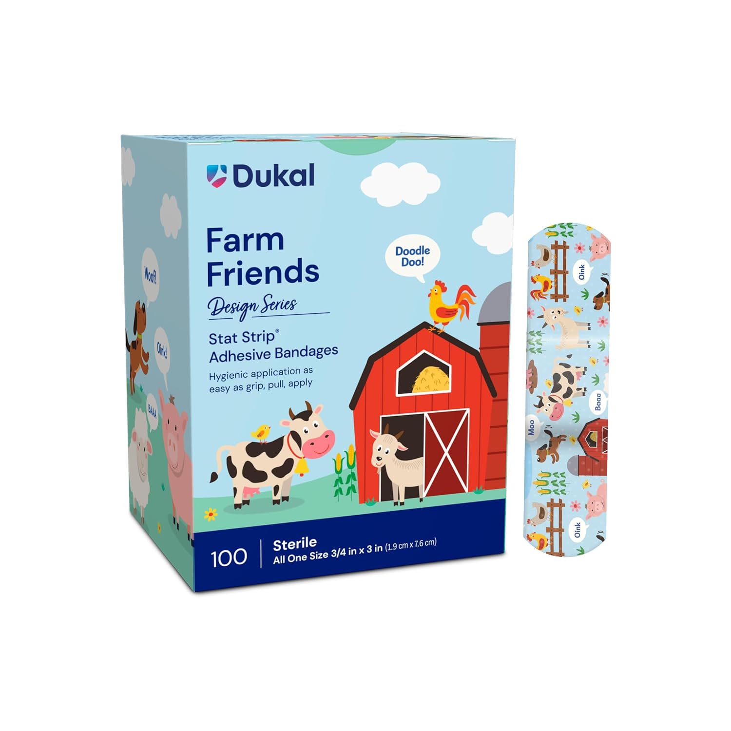 Dukal Design Series Farm Friends Adhesive Bandages with Stat Strip® Technology, 3/4” x 3” (Box of 100)