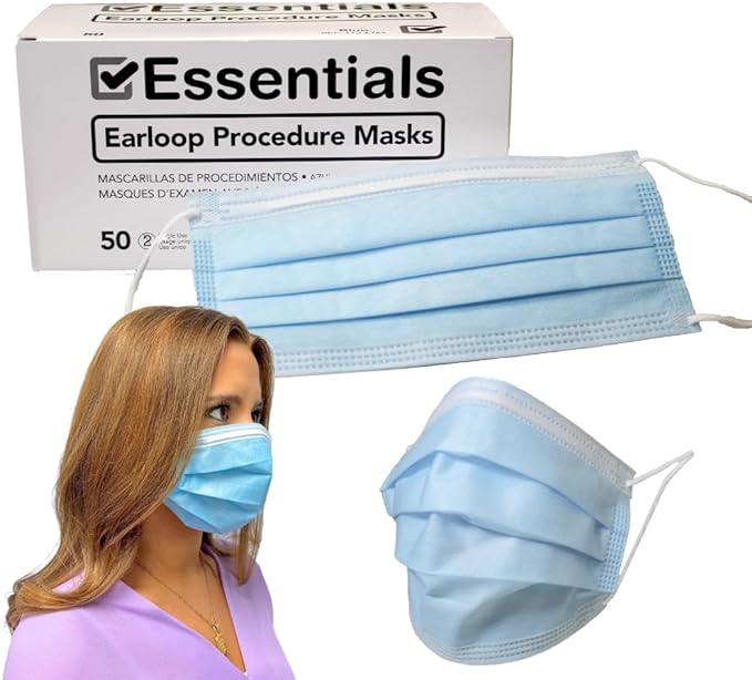 Essentials Healthcare Products ASTM Level 1 Earloop Procedure Face Masks (Disposable; Blue; Box of 50), Medium