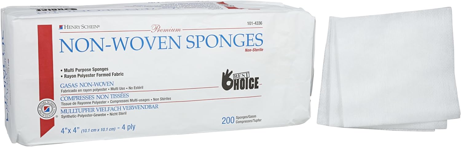 Henry Schein Premium Gauze, Rayon/Polyester Blend Non-Woven Sponges, 4 in x 4 in 4 Ply Non-Sterile, 4-Ply, 200/Pack