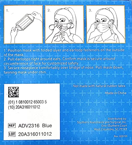 Advance Plus Mask Level 3, Three Layer Disposable Mask with soft ear loops, Blue, 50/Box